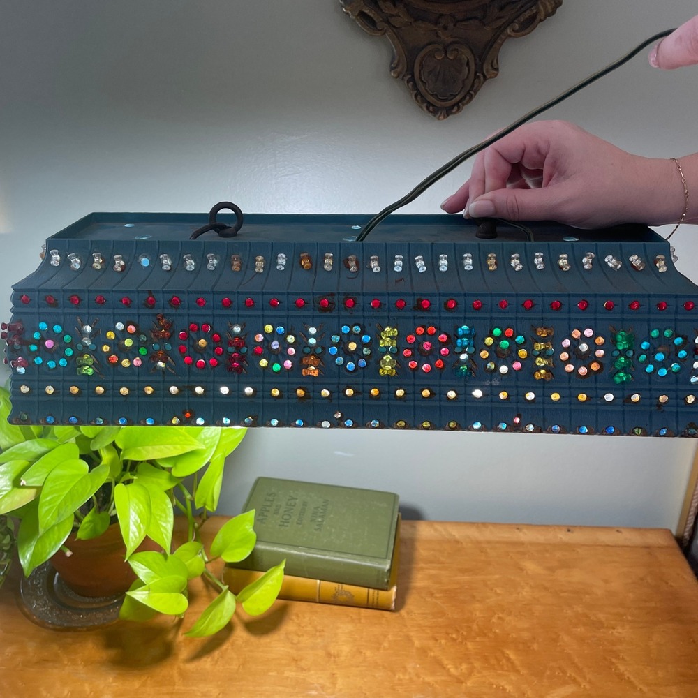 Vintage Jewel Box Light Fixture Blue Multi Color Bead Folk Art NEEDS REWIRING